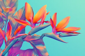 Vibrant tropical flower and leaves in vivid colours