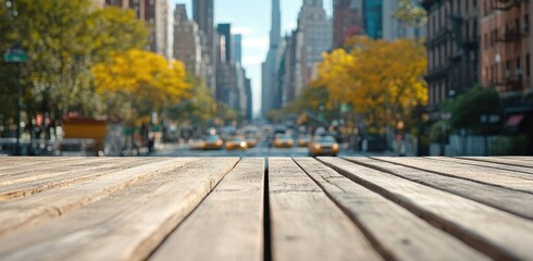 City street view from a wooden platform