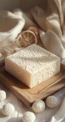 Cream-colored block soap on wooden board, soft light