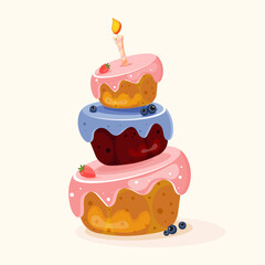 Vector Birthday Cake Illustration – Cute Three-Tier Dessert with Strawberries and Blueberries on Light Background, Perfect for Kids Party, Seasonal Celebration, Holiday Greeting Cards, and Festive Dec