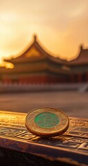 Golden coin rests on a weathered stone surface in front of a blurred ancient Chinese temple at sunrise