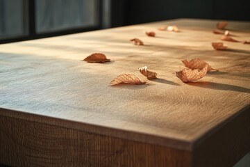Light-dappled wooden table top with fallen leaves