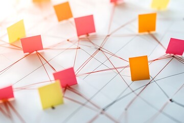 Connecting ideas with sticky notes on a web of lines, symbolizing strategy and communication in public relations campaigns
