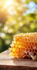 Honeycomb on wooden surface, sunlight