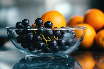 Fresh dark grapes and oranges in glass bowl