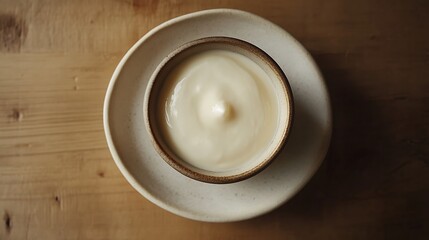 A bowl of yogurt on a wooden table