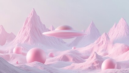 Pink alien landscape with a flying saucer