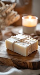Natural handmade soap on wooden board,  candle light