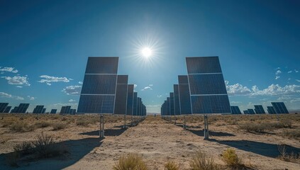 A solar panel under the bright sun, reflecting light and casting shadows on its surface. The blue sky is dotted with white clouds.