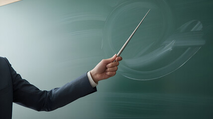 A person in a dark suit stands beside a green chalkboard, holding a metal pointer stick. The scene suggests a classroom setting, with a clear, minimal composition.