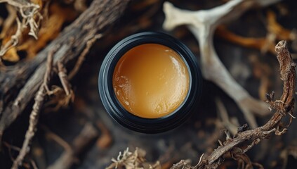 Black jar of amber-colored balm atop dark wood and roots