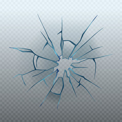 Realistic glass crack isolated on transparent background. Vector illustration of broken window, monitor display, gadget screen, car windshield, gunshot effect. Accident design element