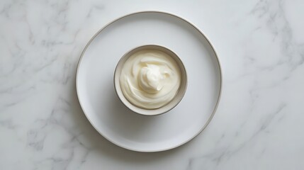 A bowl of yogurt on a plate against a marble background