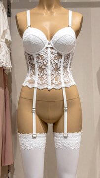 white lace lingrie set on display for sale in a luxurious clothing store, AI generated
