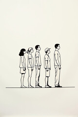 continuous line drawing of five different people standing side by side, minimalist black ink