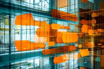Abstract Orange Geometric Shapes on Futuristic Glass Building Architecture Background