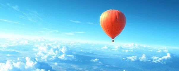Fototapeta premium Orange hot air balloon above clouds. Travel