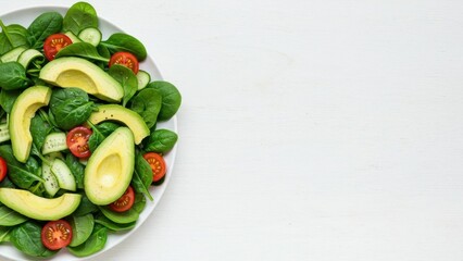 Fresh salad of avocado, spinach, tomato and cucumber