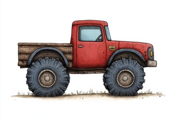 Obraz premium Rustic Red Cartoon Pickup Truck with Large Tires