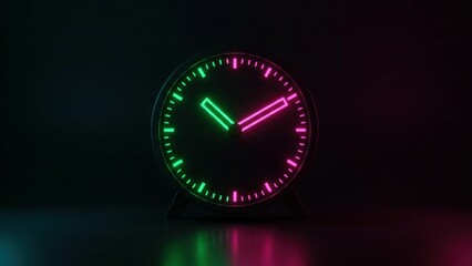 Neon clock with reflection dark background