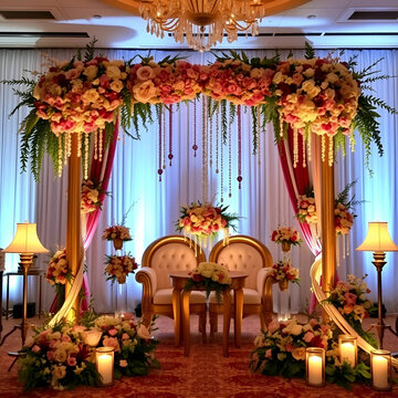 Indonesian Akad Wedding Setup With Floral Arrangements and Soft Lamps