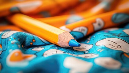 Obraz premium Close-up of vibrant colored pencils on a textured fabric with cartoon designs