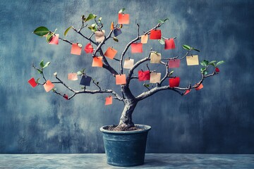 Small tree adorned with colorful sticky notes, symbolizing ideas and aspirations against a textured background