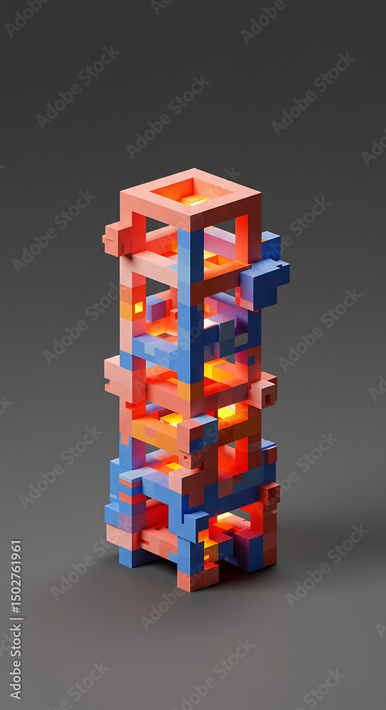 Poster abstract 3d render of illuminated cubical structure glowing blocks modern architecture design