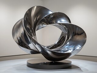 Polished steel sculpture exhibition showcasing twisted torus shape figure