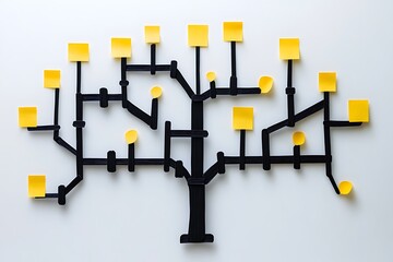 Creative Tree-Shaped Sticky Note Display A Visual Metaphor for Problem-Solving and Idea Organization on a White Surface