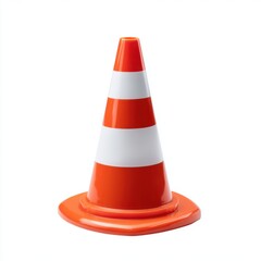 Orange and white striped traffic cone on white background