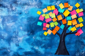 Creative development of political campaign messaging through a vibrant tree adorned with colorful sticky notes against a textured blue background