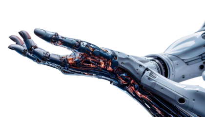 Futuristic Robotic Hand with Glowing Fingers Representing Artificial Intelligence and Automation on White Background