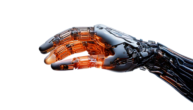 Futuristic Robotic Hand with Glowing Fingers Representing Artificial Intelligence and Automation on White Background