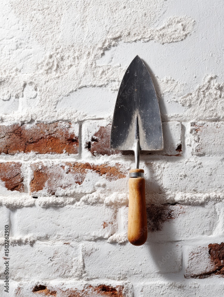 Aufkleber brick wall and trowel flatlay setting showcasing masonry work tools in a clean workspace for constru