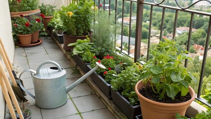 Flourishing Balcony Garden with Various Herbs Flowers and Vegetables in Pots and Planters