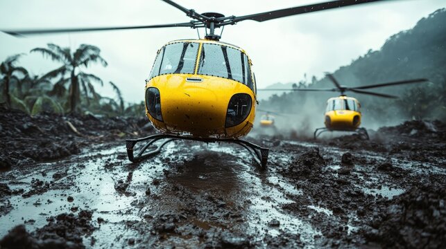 A yellow helicopter is flying over a muddy field
