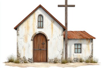 Rustic Whitewashed Adobe Church with Wooden Door and Cross