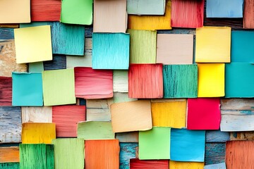Colorful sticky notes artfully arranged on a wooden background, vibrant and creative office supplies for planning and organization
