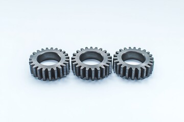 Three polished chrome interlocking gears of equal size arranged in a line, showcasing precision engineering