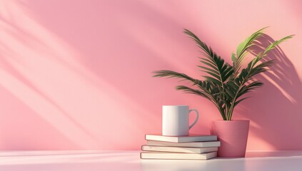 Pink wall, sunlight, plant, mug, books