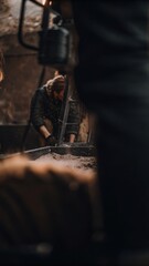 Man Working in Dimly Lit Industrial Scene, Gritty Cinematic Environment
