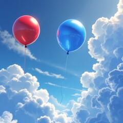 Fototapeta premium Scene 2 features a close-up shot of two balloons, a shiny red balloon and a blue balloon, with a joyful tone and 4K ultra detail, capturing a dreamy blue sky.