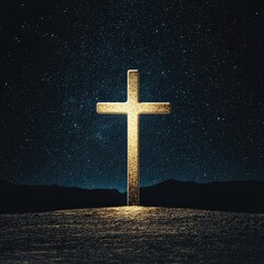 A golden cross is lit up against a dark sky