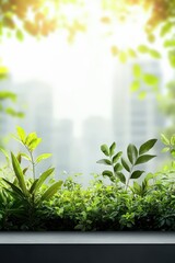 A lush green plant is growing in front of a building