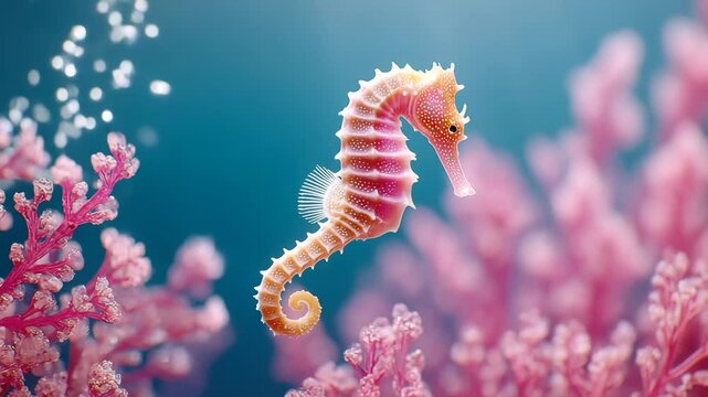  Adorable marine animal in coral habitat Cute seahorse swimming in coral reef underwater, tiny cute seahorse floating in coral reef habitat, peaceful pink coral scene with cute seahorse character