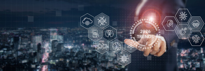 2026 trends concept. A business professional interacts with virtual icons; key technological trends projected for 2026, including AI, sustainability, digital transformation, digital skill and health.