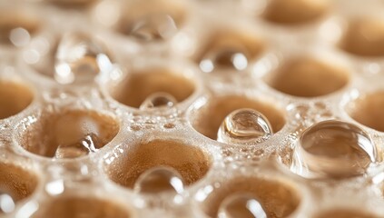 Close-up of honeycombs, water droplets
