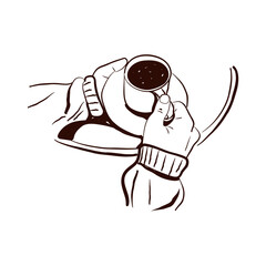 A woman's hands are holding a cup of coffee. An element for the menu design of a cafe or restaurant. A hand-drawn vector illustration. Isolated.