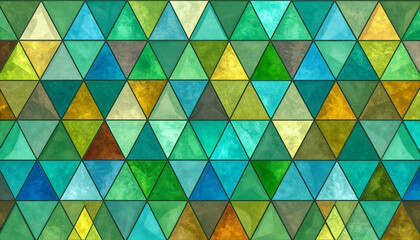 Fototapeta premium A vibrant mosaic of triangular shapes in various shades of green and blue.